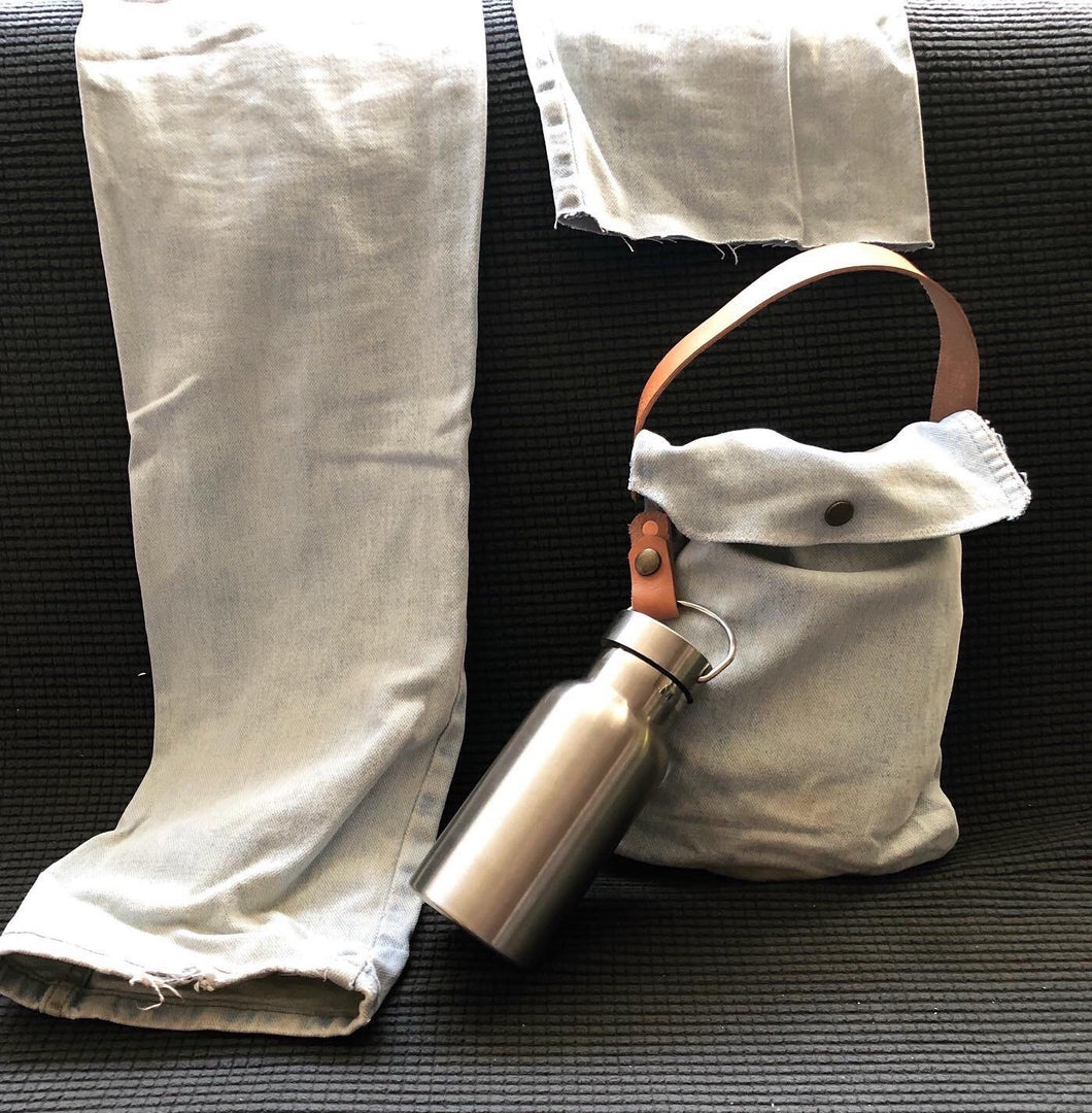 Denim + Leather Customizable Lunch Bag with Bottle/Thermos Attachment